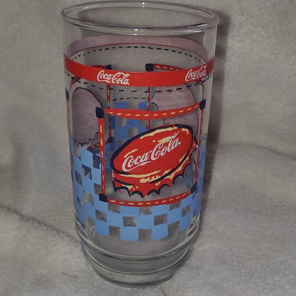 Coca-Cola vintage 1980s Blue Checkered Band Drinking Glass - Picture 1 of 6